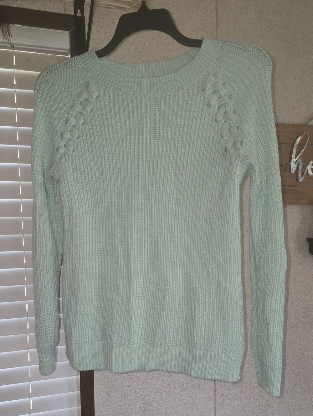 SO Mint Green Crewneck Sweater with Braided Shoulder Detail